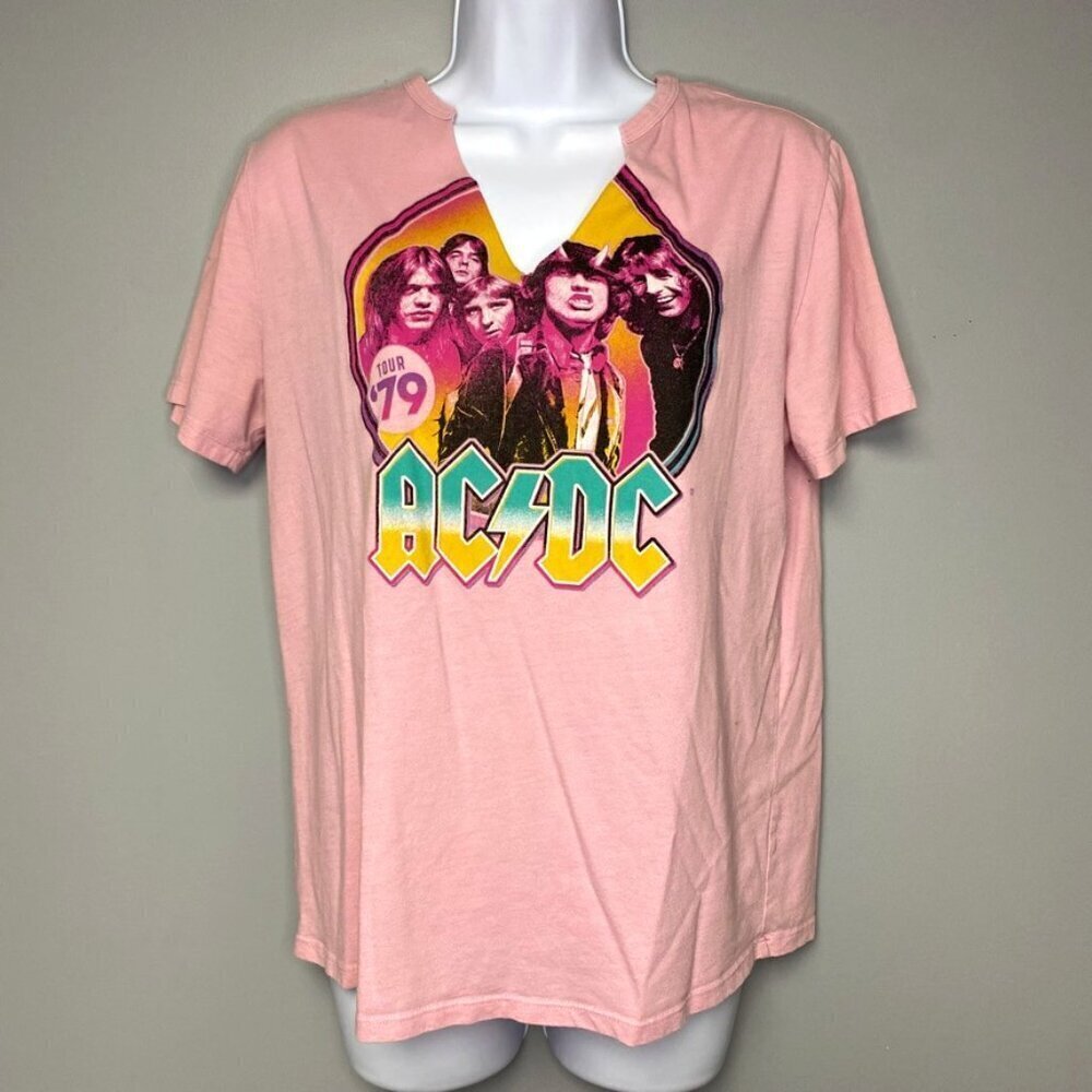 AC/DC‎ Womens Short Sleeve Split V-Neck Pink T-Shirt Size M